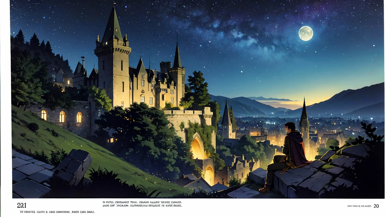 A rugged male adventurer with short dark hair, sitting on the edge of an ancient castle's balcony under a starry night sky, drinking from a tankard of ale. He is wearing worn leather armor with a dark green cloak draped over his shoulders. His posture is relaxed as he leans against the stone wall, gazing up at the expansive night sky filled with countless stars and a bright, glowing moon. The castle is partially in ruins, with ivy creeping up the stone walls, adding to the sense of ancient mystery. The atmosphere is calm and contemplative, with a gentle breeze rustling the leaves and the soft sounds of night adding to the scene's serenity.