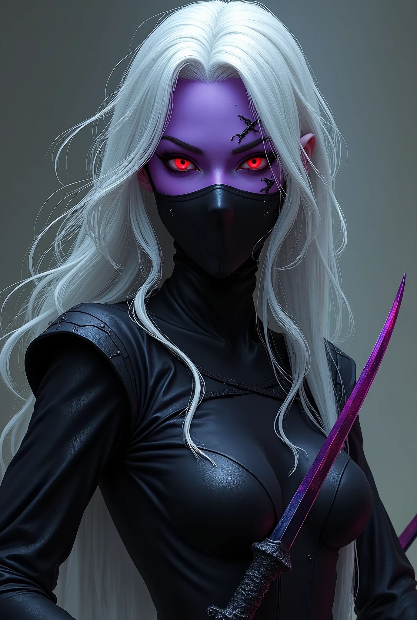 Elfa Drow, purple skin, Eyes red, white hair, assassin outfit with two daggers, scar on eye, piercing, layer that covers mouth