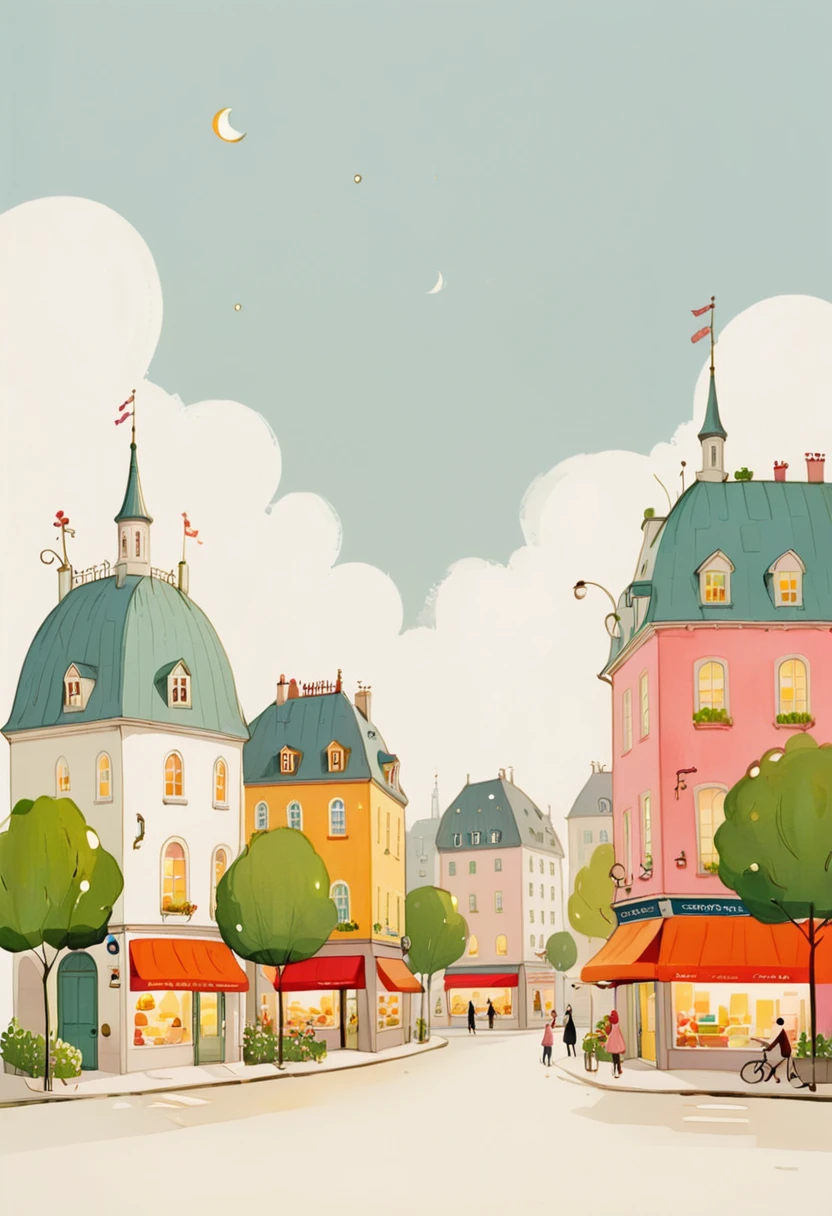 A whimsical cityscape, with charming buildings and a light, airy feel,  simple background