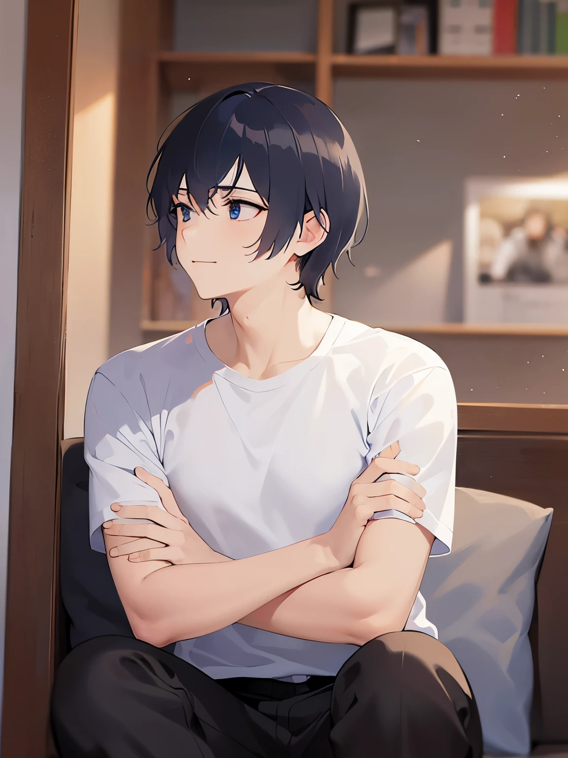 side angle, (looking away:1.5), upper body、masterpiece、Highest quality、(2 male:1.5) and (Black short hair) and (blue eyes), (White T-shirt)、Sitting、smile, The background is the living room、alone、