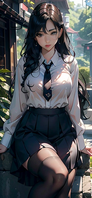 1 female，，Large Breasts，exposure， solo，（background：in the forest，Rainforest，In the summer） He has long black hair，stand up，Sweating，Soaked，从front看， curls， partly cloudy，（（（masterpiece），（Very detailed CG Unity 8k wallpaper），Best quality，Movie Lighting，详细background，Beautiful and delicate eyes，smart student，（Very delicate and beautiful），（Beautiful and detailed description of the eyes），Extremely detailed，masterpiece，）），Facing the camera，high resolution，Extremely detailed），Exposing breasts，Exposed genitals， Convex，Camel toe，性感Convex起，complexion，Open your mouth，front，Japanese female high school students（Wear：White shirt，Black tie，jk skirt，Pantyhose）nude，High heel