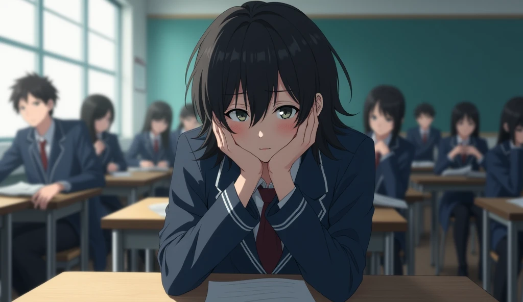 A medium shot anime-style medium shot of a male character with medium hair, similar to the main character of the anime 'Hyōka'. He is dressed in a Japan-style school uniform. He is sitting in a school classroom at a table by the window side. He has his hands in his cheek and is deep in thought. His face is expressionless. The background is filled with other students. aur uske akhe sleepy eyes hai