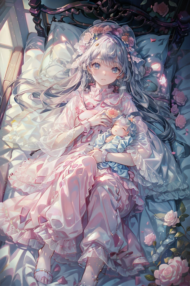 Sleeping in bed、Anime Style、Storytelling、、beautiful girl、とてもcute天使、Pink pajamas、cute、Baby Face、、surrounded by lots of roses
