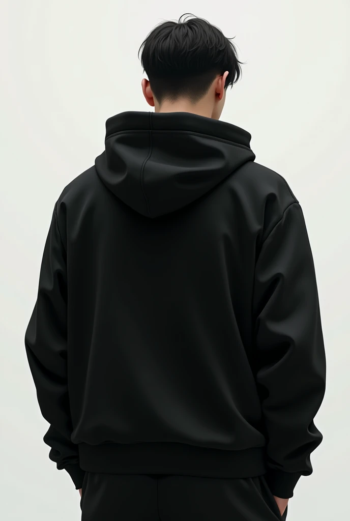 The back of a Japanese man wearing a pure black hooded sweatshirt