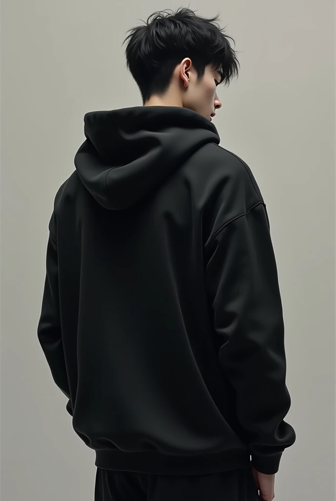 The back of a Japanese man wearing a pure black hooded sweatshirt