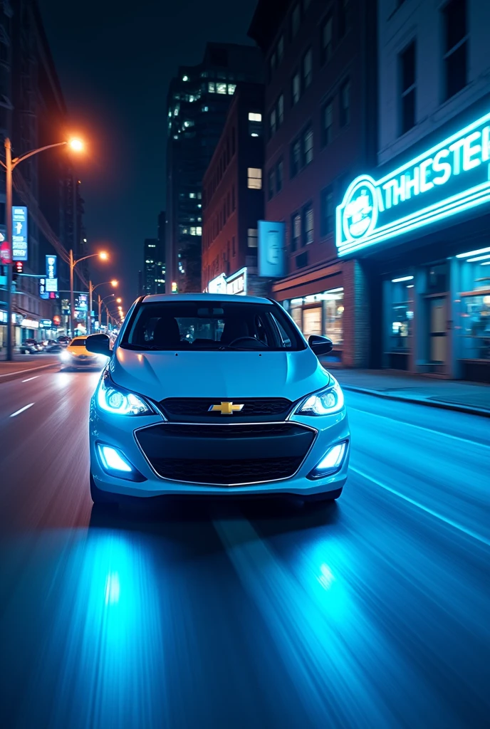 White Chevrolet spark blue neon led
Night street bruklyn speed road
