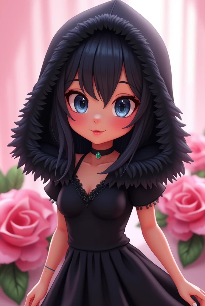make a youtube profile picture of an animated roblox girl with black hair winking and with a black fur hood and black dress and a rose bouquet with a light pink background and blue eyes
