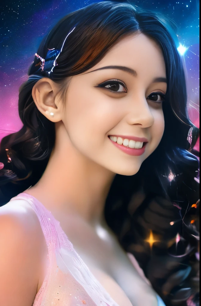 High detail, super detail, super high resolution, girl enjoying her time in the dream galaxy, surrounded by stars, warm light sprinkled on her, background is starry sky with colorful galaxies and galaxy clouds, stars flying around her, delicate face, adding playful atmosphere ,