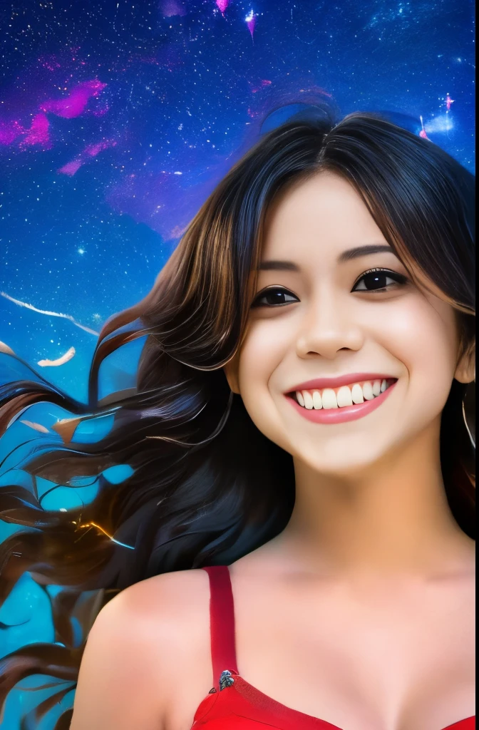 High detail, super detail, super high resolution, girl enjoying her time in the dream galaxy, surrounded by stars, warm light sprinkled on her, background is starry sky with colorful galaxies and galaxy clouds, stars flying around her, delicate face, adding playful atmosphere , 