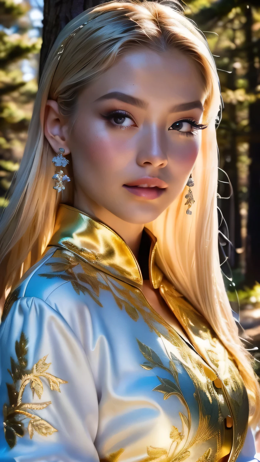 (((Face close-up)))、(((masterpiece, Highest quality, High resolution, Attention to detail)))), One, ((Fantasy)))), (A peerless beauty)))), (White short skirt with gold embroidery), (Long blonde ponytail:Dumpling1), (Shiny, dark black eyes), (Green surcoat with gold embroidery), big, (((at night forest)), (Many beautiful flowers are blooming)), Sit in a chair and look here , Particles of light flying、(((Face close-up)))、Face close-up