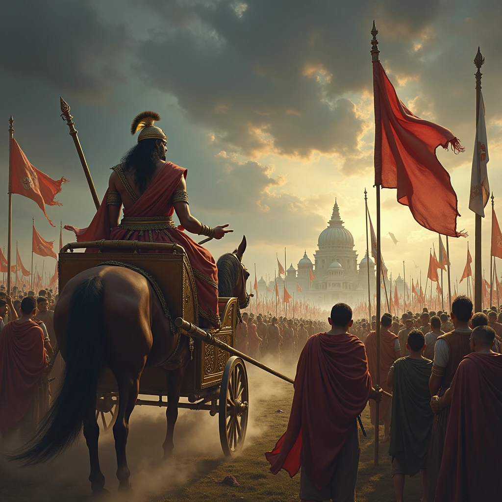 Visualize a dramatic and intense battlefield scene where Arjuna, deeply troubled and conflicted, stands in his majestic chariot, his eyes filled with sorrow and despair as he looks upon the gathered armies. The battlefield is vast, stretching into the horizon, filled with warriors from both sides—friends, teachers, and family members, each bearing distinct armor and banners representing their clans. Flags of various colors and symbols flutter in the wind, adding a dynamic sense of motion to the scene.
In the midst of the chaos, Krishna stands beside Arjuna, his expression calm yet serious, embodying divine wisdom and understanding. The sky above is dark and stormy, reflecting Arjuna’s inner turmoil, with ominous clouds swirling, hinting at the destruction that war will bring. In the background, subtle images of crumbling temples, broken family structures, and fading rituals symbolize the collapse of ancient traditions and values, emphasizing the themes of ‘kuladharma’ and ‘jātidharmāḥ’ being at risk.
The overall scene should capture the gravity of the moment, with a mixture of tension, sorrow, and impending doom, as Arjuna grapples with the moral implications of the war. The composition should be rich in detail, with a focus on the emotional and spiritual conflict faced by Arjuna.
