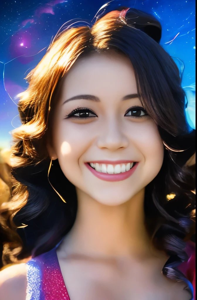 High detail, super detail, super high resolution, girl enjoying her time in the dream galaxy, surrounded by stars, warm light sprinkled on her, background is starry sky with colorful galaxies and galaxy clouds, stars flying around her, delicate face, adding playful atmosphere , 