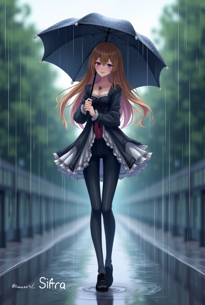 Beautiful girl in a anime her hair is long and brown and golden brown and black colour she is holding umbrella and standing in a road and rain she wearing she wearing black shoes and jeans and a frock the frock colour is black Plus white smiling and also she is a player a lipstick and makeup and write the name Sifra in big letters