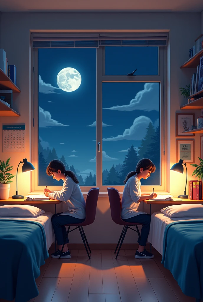 A room contain 2 double seated bed with separate chair tables.Two young girls reading in their chairs.their tables are well organized,they are medical student.the room have a door,two window.in the wall of the room there are many wall made picture,calendar,clock etc.Through the window they can see the moon of the dark night.