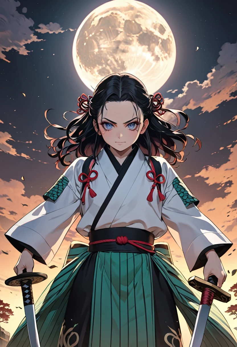 A character with long hair holding a sword in front of a full moon, cute face inspired by Kimetsu no Yaiba, Yoriichi Tsugikuni, Kimetsu no Yaiba art style, Kimetsu no Yaiba anime image, Tanjiro Kamado, (best quality,4k,8k,highres,masterpiece:1.2),ultra-detailed,(realistic,photorealistic,photo-realistic:1.37),extremely detailed face,beautiful detailed eyes,beautiful detailed lips,extremely detailed eyes and face,long eyelashes,intricate details,dramatic lighting,vibrant colors,fantasy,digital painting,concept art