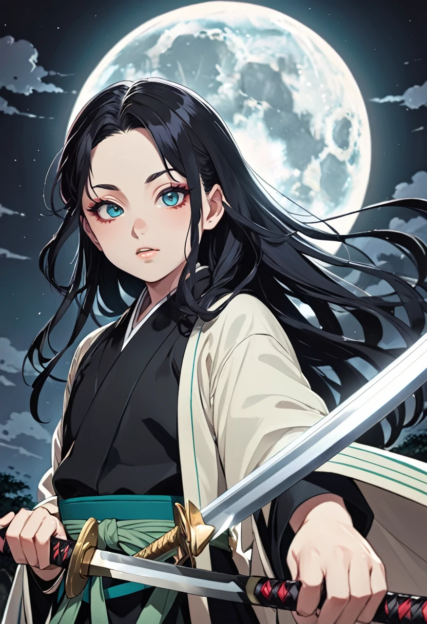 A character with long hair holding a sword in front of a full moon, cute face inspired by Kimetsu no Yaiba, Yoriichi Tsugikuni, Kimetsu no Yaiba art style, Kimetsu no Yaiba anime image, Tanjiro Kamado, (best quality,4k,8k,highres,masterpiece:1.2),ultra-detailed,(realistic,photorealistic,photo-realistic:1.37),extremely detailed face,beautiful detailed eyes,beautiful detailed lips,extremely detailed eyes and face,long eyelashes,intricate details,dramatic lighting,vibrant colors,fantasy,digital painting,concept art