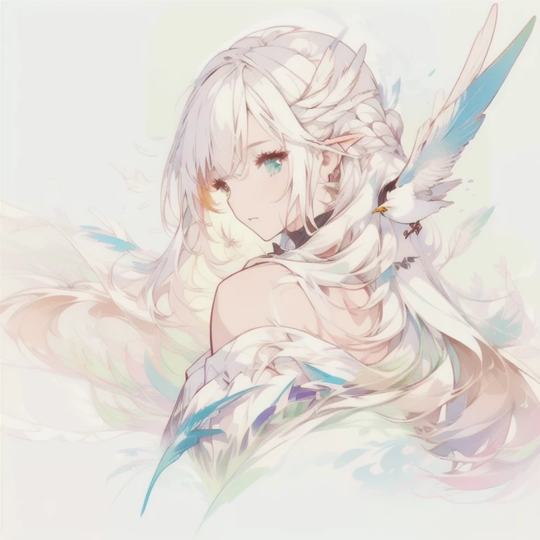 The painting shows a girl with long hair,Birds and orcs, Thick Line Art, Clear anime silhouette, thick black line art, simple line art, clean line art, Half open,Slightly exposed shoulders,Feathers on the ears,Long hair floating to the left,Half face looking left,colorful