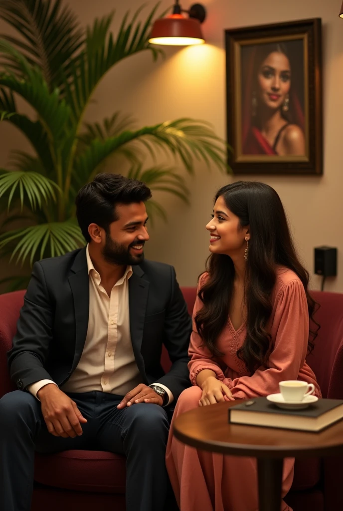 1. **Background**: Set in a chic, cozy hallroom with soft lighting. The décor includes comfortable seating, a few plants, and tasteful artwork.
2. **Ayush**:
- **Appearance**: Smart, mid-30s, wearing a neatly pressed shirt and a blazer.
- **Pose**: Leaning slightly forward, showing interest and engagement in the conversation.
- **Expression**: Friendly and attentive.
3. **Diya**:
- **Appearance**: Beautiful, early 20s, with a graceful aura. She might be wearing a stylish dress or blouse.
- **Pose**: Smiling warmly, making eye contact with Ayush.
- **Expression**: Engaged and pleasant.
4. **Details**: Include elements like coffee cups or table, soft background music, and a relaxed, intimate ambiance.
This setup should convey a friendly and engaging conversation between Ayush and Diya.