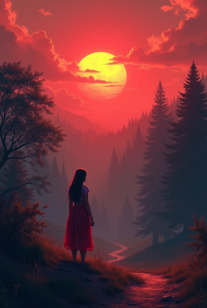 A long time ago, in a small village, there lived a  named Radha. Radha was very curious and every day she would set out to discover new things. One day, as the sun was setting and a faint reddish hue was spreading across the sky, Radha saw a dense forest outside the village. This forest was new to her, as she had never heard of it before.