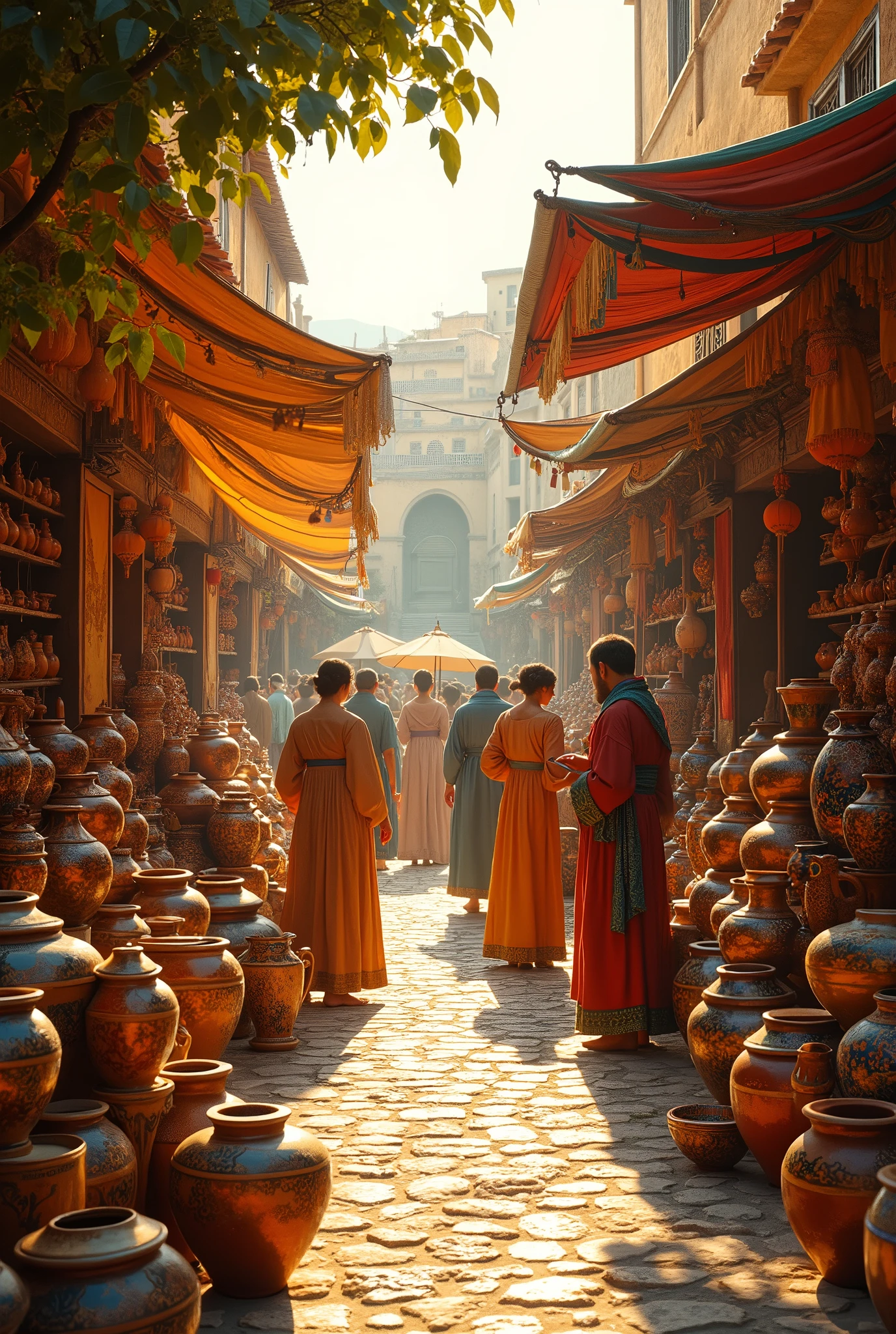 "Imagine a vibrant, historical scene of a bustling market bathed in the warm, golden light of late afternoon. The market is filled with an array of exquisite ceramic pots, vases, and dishes from various ancient cultures, each piece meticulously crafted and adorned with intricate, traditional patterns from Ancient Greece, China, and Egypt.
The ceramic pieces gleam under the soft light, their rich glazes reflecting a spectrum of colors—from deep cobalt blues and verdant greens to lustrous golds and earthy reds. Vendors, dressed in colorful, period-appropriate attire, engage warmly with buyers, who marvel at the beauty and craftsmanship of the ceramics.
The market stalls are draped in vibrant textiles, adding layers of texture and color, while the air is filled with the lively sounds of conversation and the gentle clinking of ceramics being admired. The scene captures a moment of cultural exchange and artistry, where every detail—from the ornate designs on the pottery to the dynamic interactions between people—contributes to a richly beautiful and immersive atmosphere."