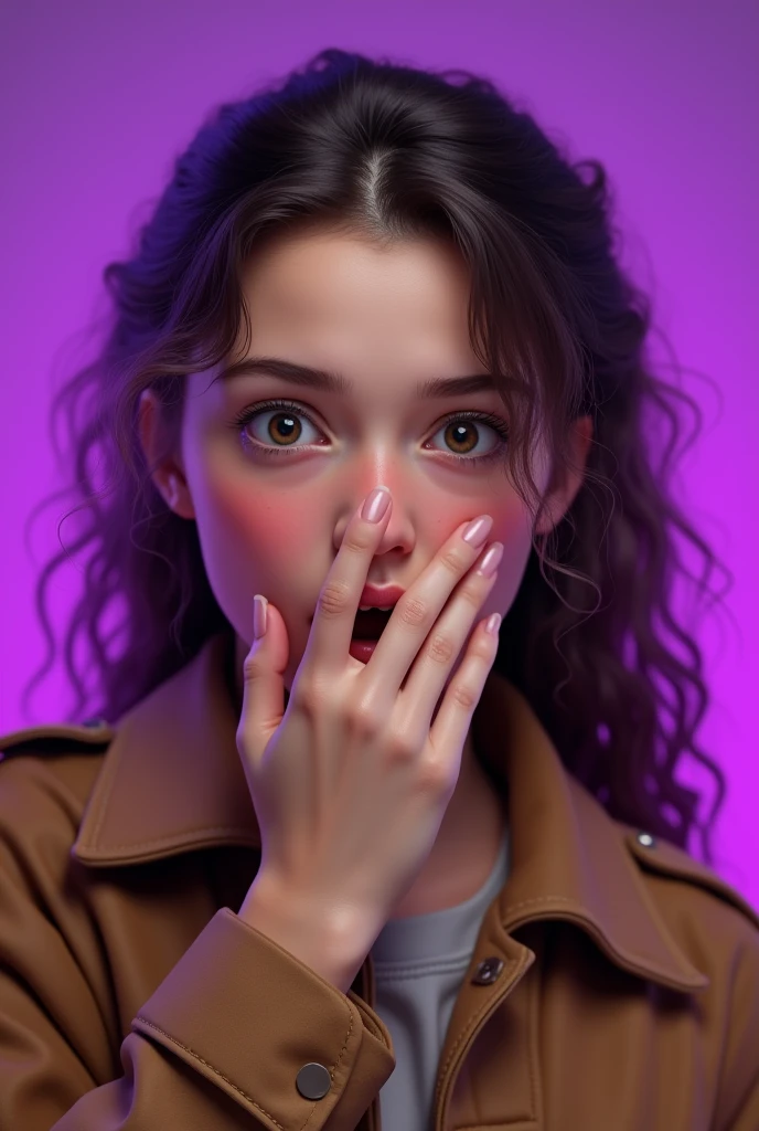 it is、It features a young handsome girl with a surprised expression, Covering their mouth with their hand. She is wearing a brown jacket、I have curly hair. The background is purple
