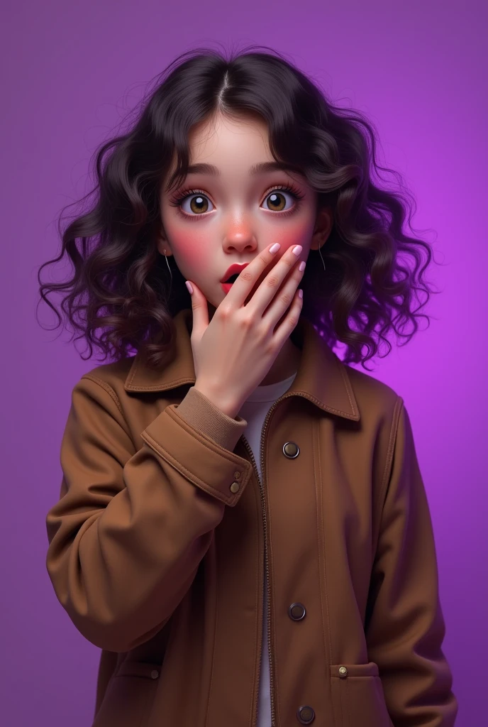 it is、It features a young handsome girl with a surprised expression, Covering their mouth with their hand. She is wearing a brown jacket、I have curly hair. The background is purple