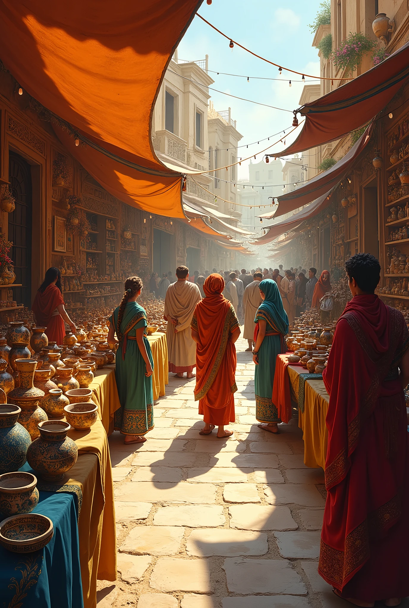 "Imagine a vibrant, historical scene of a bustling market bathed in the warm, golden light of late afternoon. The market is filled with an array of exquisite ceramic pots, vases, and dishes from various ancient cultures, each piece meticulously crafted and adorned with intricate, traditional patterns from Ancient Greece, China, and Egypt.

The ceramic pieces gleam under the soft light, their rich glazes reflecting a spectrum of colors—from deep cobalt blues and verdant greens to lustrous golds and earthy reds. Vendors, dressed in colorful, period-appropriate attire, engage warmly with buyers, who marvel at the beauty and craftsmanship of the ceramics.

The market stalls are draped in vibrant textiles, adding layers of texture and color, while the air is filled with the lively sounds of conversation and the gentle clinking of ceramics being admired. The scene captures a moment of cultural exchange and artistry, where every detail—from the ornate designs on the pottery to the dynamic interactions between people—contributes to a richly beautiful and immersive atmosphere."