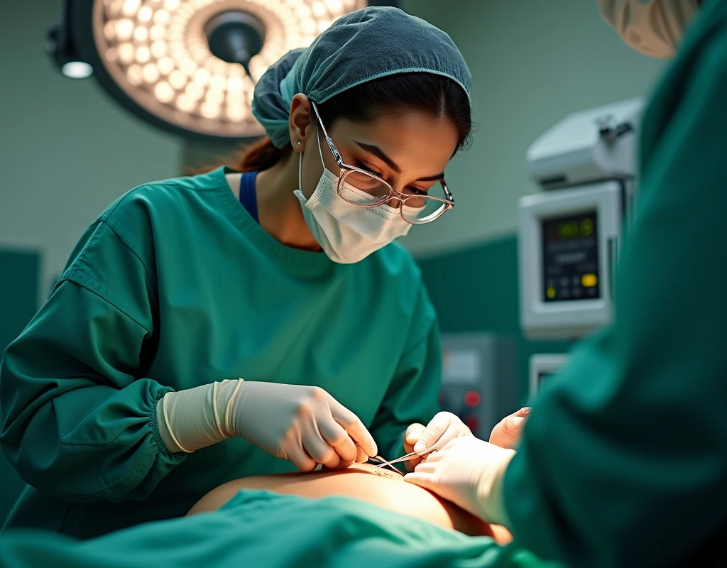 Aishwarya Rai as surgeon, wearing green scrubs, wearing surgical mask and skull cap, wearing surgical glasses, doing heart surgery on adolescent boy patient, in operation theatre, fullbody view, cutting the chest using scalpel, diagonal view,