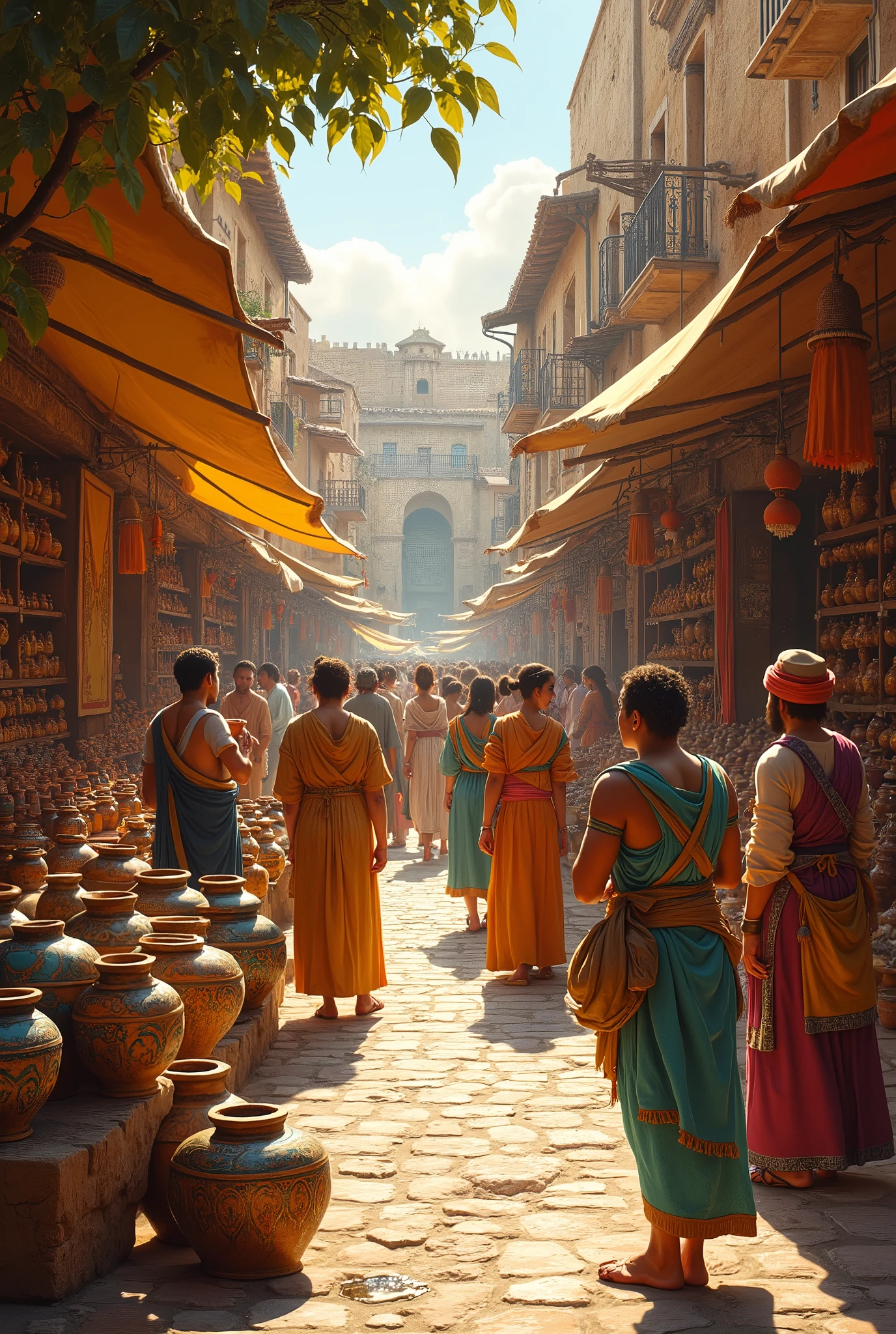 "Imagine a vibrant, historical scene of a bustling market bathed in the warm, golden light of late afternoon. The market is filled with an array of exquisite ceramic pots, vases, and dishes from various ancient cultures, each piece meticulously crafted and adorned with intricate, traditional patterns from Ancient Greece, China, and Egypt.

The ceramic pieces gleam under the soft light, their rich glazes reflecting a spectrum of colors—from deep cobalt blues and verdant greens to lustrous golds and earthy reds. Vendors, dressed in colorful, period-appropriate attire, engage warmly with buyers, who marvel at the beauty and craftsmanship of the ceramics.

The market stalls are draped in vibrant textiles, adding layers of texture and color, while the air is filled with the lively sounds of conversation and the gentle clinking of ceramics being admired. The scene captures a moment of cultural exchange and artistry, where every detail—from the ornate designs on the pottery to the dynamic interactions between people—contributes to a richly beautiful and immersive atmosphere."