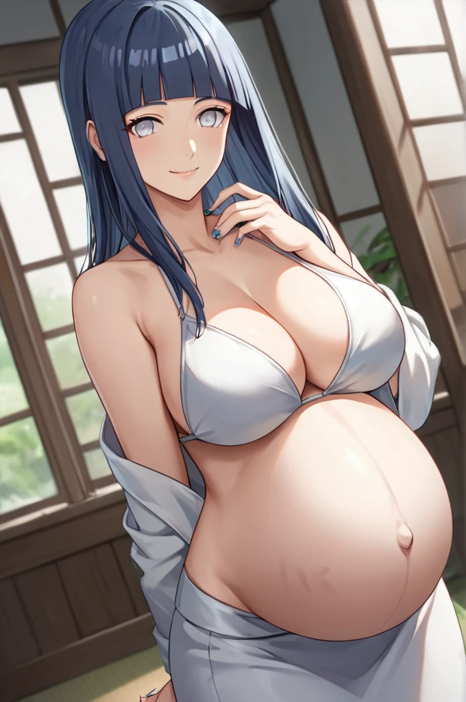 HYUUGAHIN, LIGHT GRAY TOP, "BLACK LONG HAIR", score_9, score_8_up, score_7_up, source_anime,
BLUE EYES, 1GIRL, BLUNT BANGS, Hinata Hyuga, Naruto: The Last, long indigo hair, straight hair, soft bangs, pale lavender eyes, mature, refined, elegant,
high-quality, ultra-detailed, beast quality, 8K resolution, anime style,
looking at viewer, dutch angle, cowboy shot, smile, pregnant belly, large belly, big belly, big Breasts, belly button, bikini, skirt,
1girl,solo, indoors, happy, Smiling, rub belly,
full body, Nail polish,