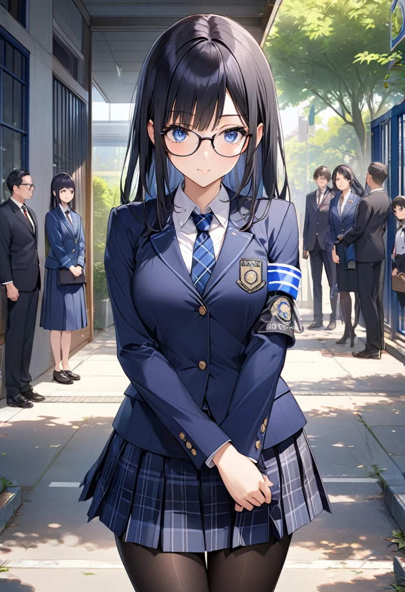 1 high school girl、Highest quality、Very detailed、High resolution illustrations、Ultra-high-definition CG、8k size wallpaper、beautiful glossy black hair、beautiful, Clear blue eyes、Glasses、Straight hair、bangs、Hime cut、Indigo blue blazer with emblem on left chest、Disciplinary Committee Blue Armband、Collared shirt、Patterned blue tie、Gray tartan check long pleated skirt、Black Pantyhose、Black Loafers、The disciplinary committee chairperson has a sharp and mature look.、morning、Surprise outfit check in front of the school gates、A little pouty、place your left hand on your hip、(右手でGlassesのつるをつまんで持ち上げるポーズ)、