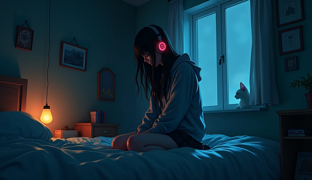 8k、night、dim、high school girl、Mature、long hair、Hooded sweatshirt、Using headphones、bed、Cat、 2D-style animation, Lo-Fi、Retro、アニメ調An illustration、An illustration