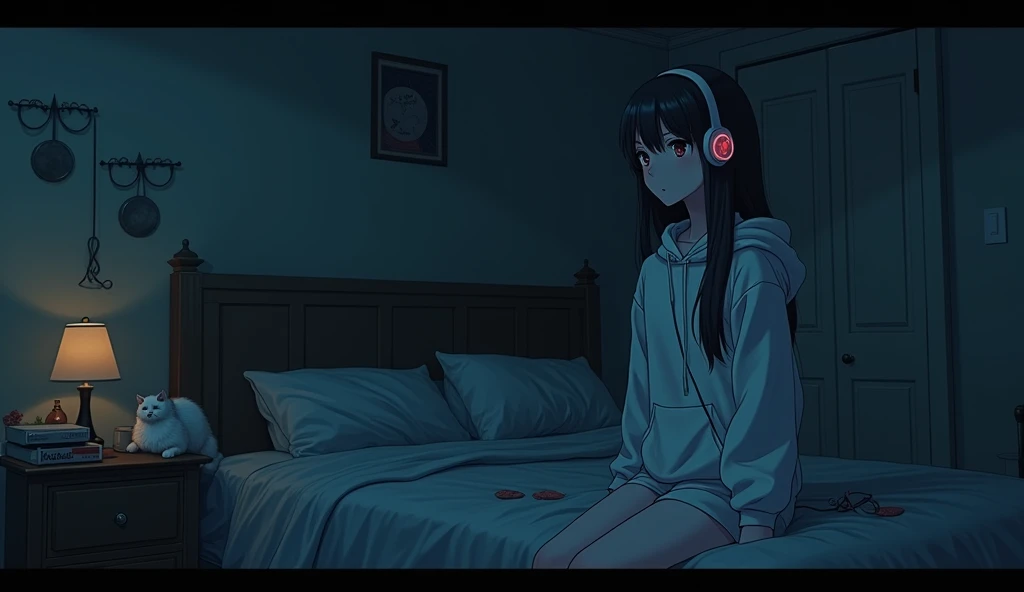 8k、night、dim、high school girl、Mature、long hair、Hooded sweatshirt、Using headphones、bed、Cat、 2D-style animation, Lo-Fi、Retro、アニメ調An illustration、An illustration