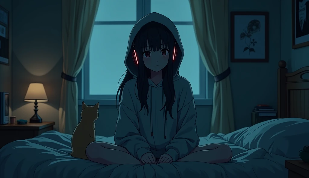 8k、night、dim、high school girl、Mature、long hair、Hooded sweatshirt、Using headphones、bed、Cat、 2D-style animation, Lo-Fi、Retro、アニメ調An illustration、An illustration