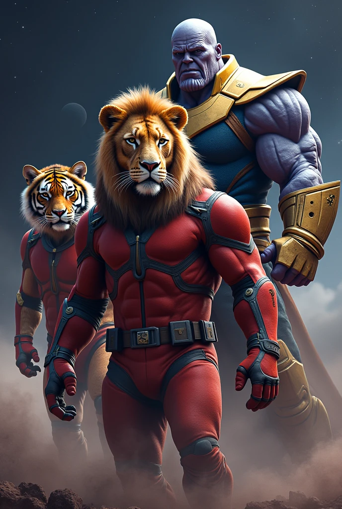 Lion and tiger in space suit with ferrari and Thanos