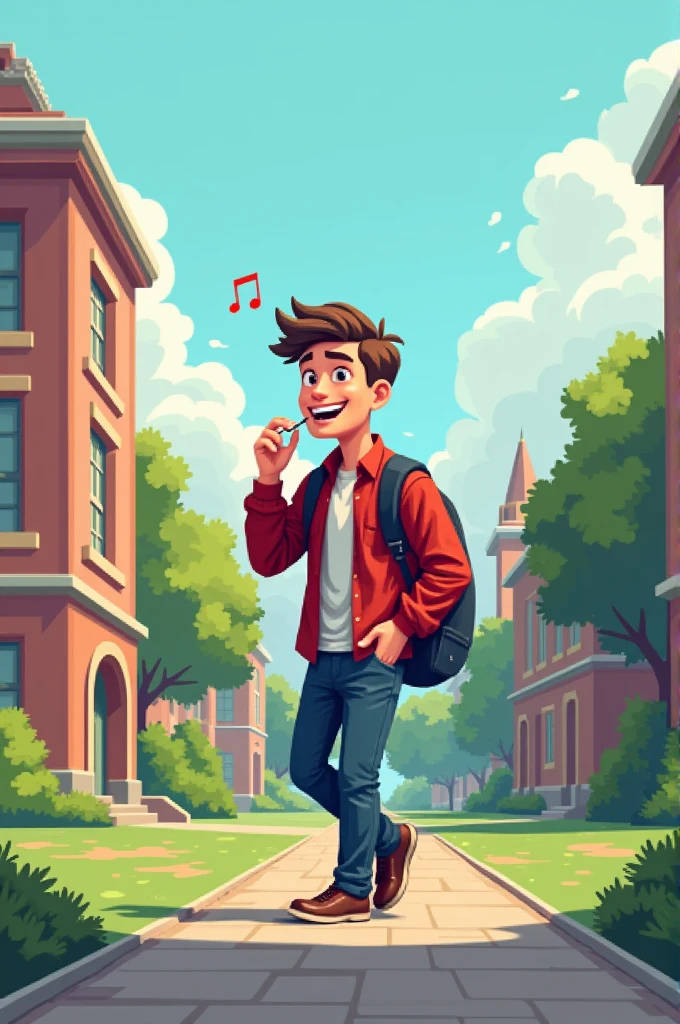 Pixelated man walking and whistling in college