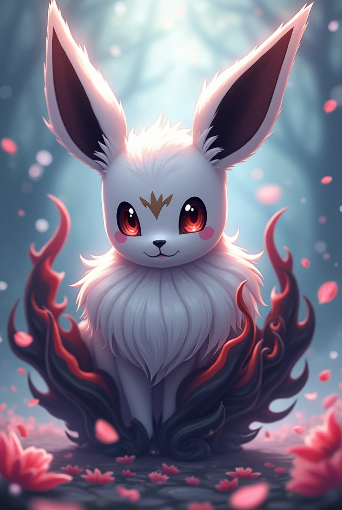 fairytale Pokémon Eevee white hair and red with sharingan and black flame around the body