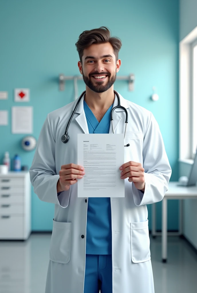 A doctor in the clinic，Smiling，Holding a health report