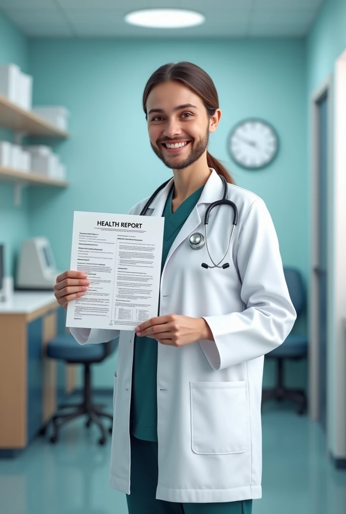 A doctor in the clinic，Smiling，Holding a health report
