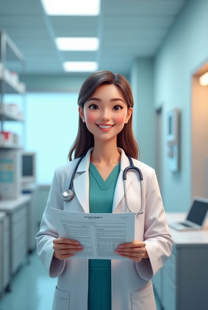 A doctor in the clinic，Smiling，Holding a health report