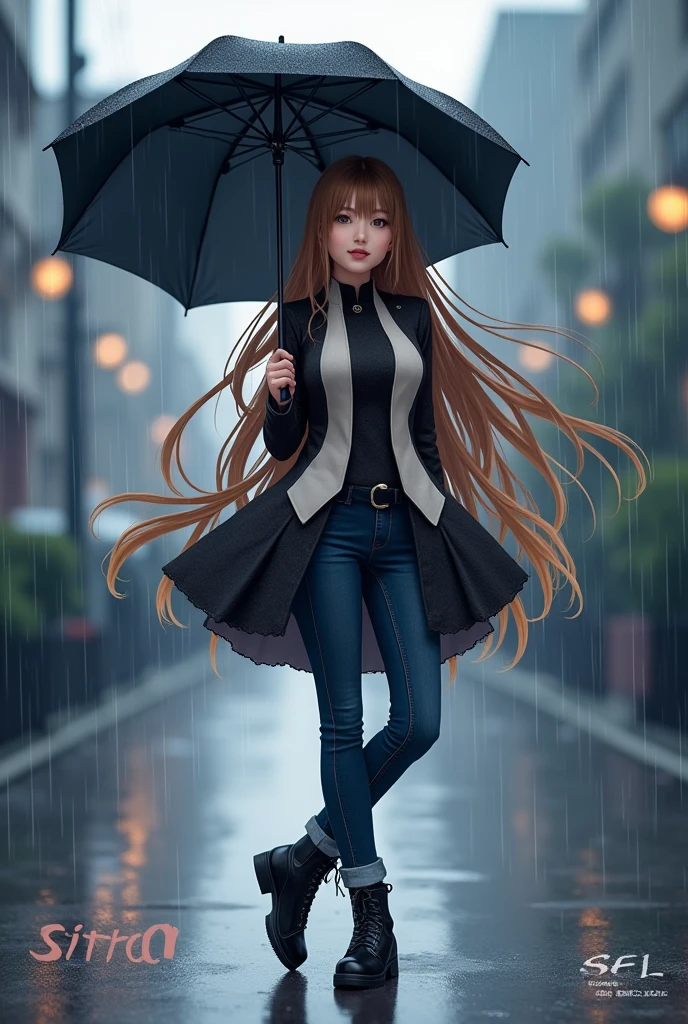 Beautiful girl in a anime her hair is long and brown and golden brown and black colour she is holding umbrella and standing in a road and rain she wearing she wearing black shoes and jeans and a frock the frock colour is black Plus white smiling and also she is a player a lipstick and makeup and write the name Sifra in big letter