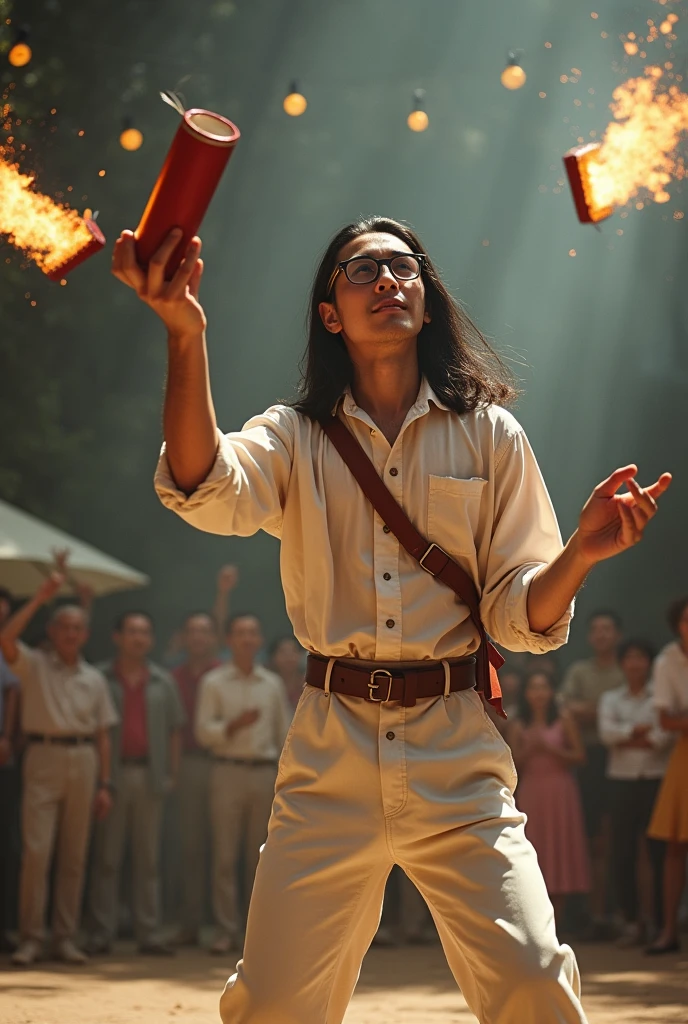 A long-haired Japanese man wearing very old-fashioned glasses is juggling a stick of dynamite with a fuse.、Dynamite beanbag、Western shirt and white pantaloons denim jeans、Performance at the Osaka World Expo in Japan in the 1960s、So much dynamite flying through the air、