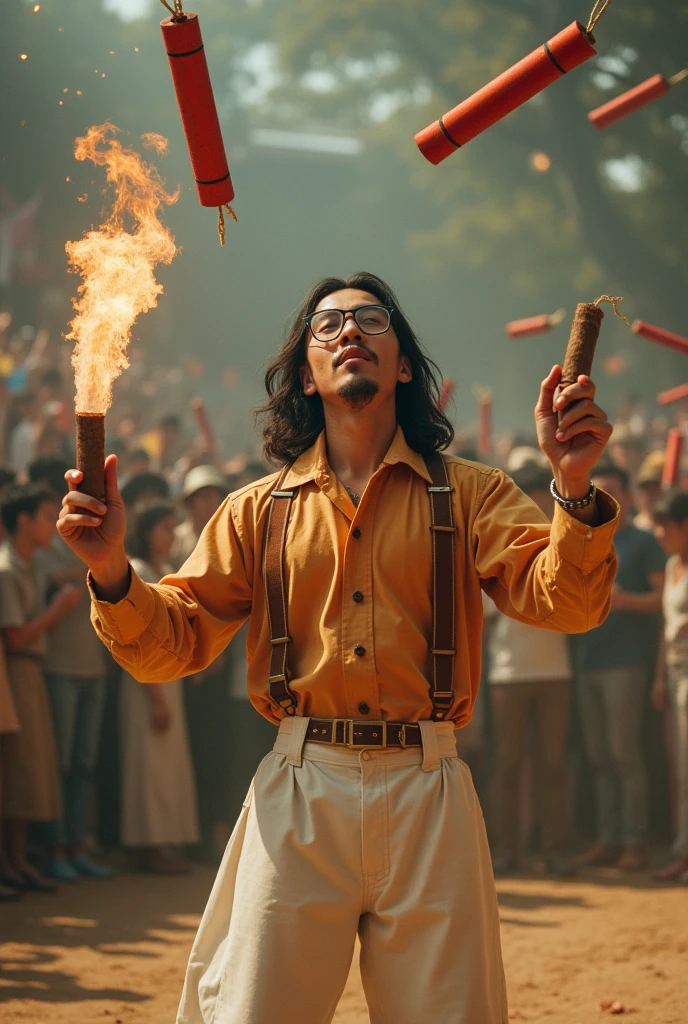 A long-haired Japanese man wearing very old-fashioned glasses is juggling a stick of dynamite with a fuse.、Dynamite beanbag、Western shirt and white pantaloons denim jeans、Performance at the Osaka World Expo in Japan in the 1960s、So much dynamite flying through the air、