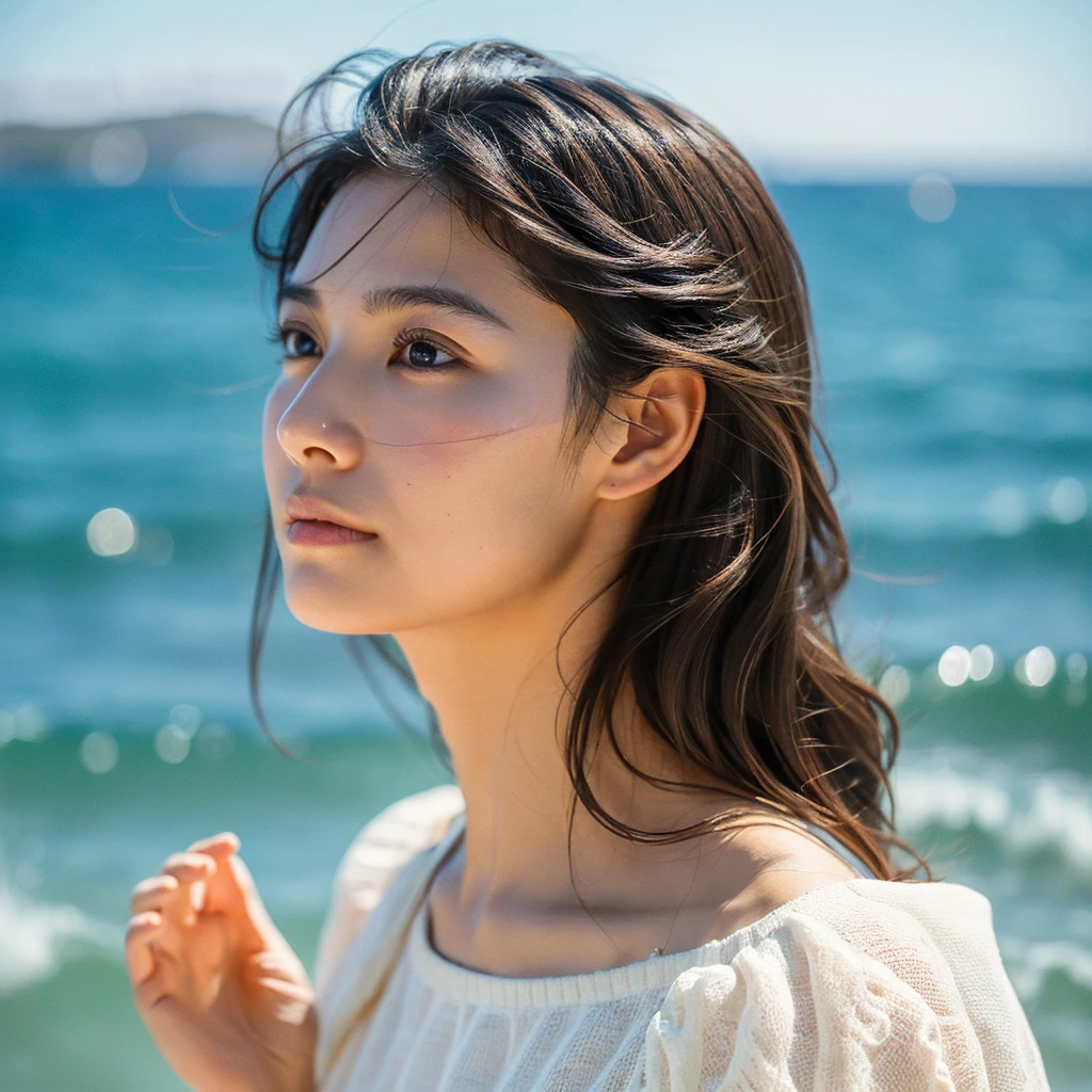 A hyper-realistic image of a single Japanese woman in her early 20s, captured with the nostalgic warmth and subtle graininess of a film camera, with the focus on her upper body from the shoulders up against a serene seaside backdrop. Her skin has a warm beige tone with a natural, slightly rough texture that includes visible pores, fine lines, and subtle imperfections such as small blemishes, adding to the authenticity of her appearance. The soft, diffused natural light reflects off the ocean waves, casting gentle, warm shadows across her face and shoulders, enhancing the film-like quality and creating a timeless, organic feel. Her straight, glossy black hair is slightly tousled by the ocean breeze, naturally framing her face, and her deep brown eyes reflect the soft light of the seaside, adding depth and emotion. The background subtly captures the peaceful ocean scenery with a glimpse of rolling waves and a faint horizon, blurred to maintain focus on her expression. The film camera effect introduces a slight grain and a softer focus, giving the image a warm, nostalgic atmosphere while maintaining the realistic texture of her skin. She is wearing a light, airy top that complements her natural beauty and the beach setting, with the overall composition designed to evoke a sense of genuine, understated elegance and connection with nature.
