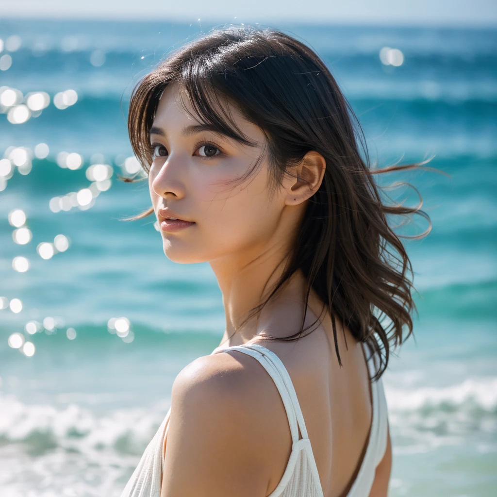 A hyper-realistic image of a single Japanese woman in her early 20s, captured with the nostalgic warmth and subtle graininess of a film camera, with the focus on her upper body from the shoulders up against a serene seaside backdrop. Her skin has a warm beige tone with a natural, slightly rough texture that includes visible pores, fine lines, and subtle imperfections such as small blemishes, adding to the authenticity of her appearance. The soft, diffused natural light reflects off the ocean waves, casting gentle, warm shadows across her face and shoulders, enhancing the film-like quality and creating a timeless, organic feel. Her straight, glossy black hair is slightly tousled by the ocean breeze, naturally framing her face, and her deep brown eyes reflect the soft light of the seaside, adding depth and emotion. The background subtly captures the peaceful ocean scenery with a glimpse of rolling waves and a faint horizon, blurred to maintain focus on her expression. The film camera effect introduces a slight grain and a softer focus, giving the image a warm, nostalgic atmosphere while maintaining the realistic texture of her skin. She is wearing a light, airy top that complements her natural beauty and the beach setting, with the overall composition designed to evoke a sense of genuine, understated elegance and connection with nature.