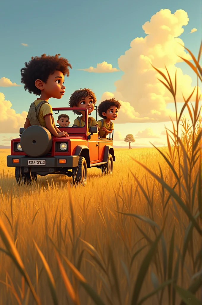 Meanwhile, not too far away, three children—Amara, a clever and fearless girl; Raj, a boy with a big heart and a knack for solving problems; and Zara, who loved animals more than anything—were on a safari adventure with their families. The three friends had grown up together, sharing countless adventures, and had always dreamed of exploring the African savannah. As their jeep rolled through the tall grass, Amara suddenly spotted a small, golden figure huddled under a bush.