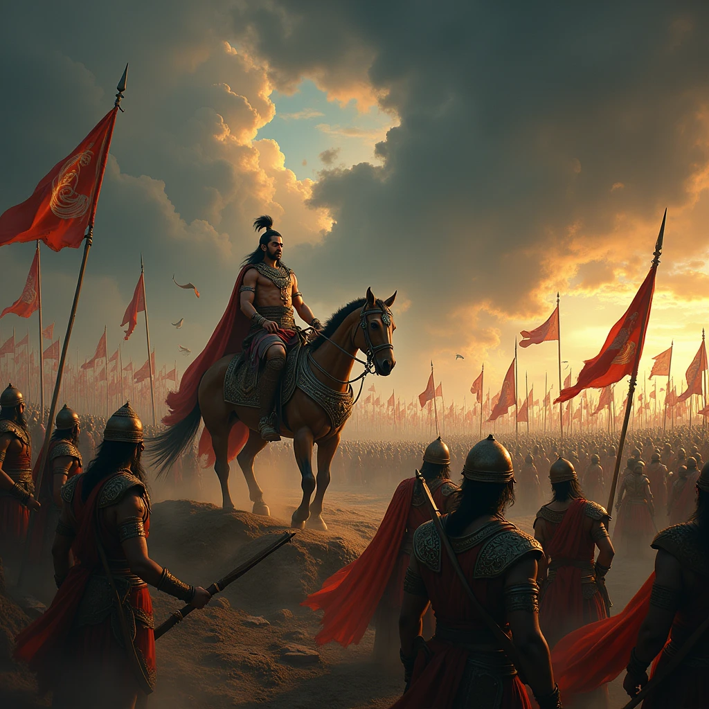 Visualize a dramatic and intense battlefield scene where Arjuna, deeply troubled and conflicted, stands in his majestic chariot, his eyes filled with sorrow and despair as he looks upon the gathered armies. The battlefield is vast, stretching into the horizon, filled with warriors from both sides—friends, teachers, and family members, each bearing distinct armor and banners representing their clans. Flags of various colors and symbols flutter in the wind, adding a dynamic sense of motion to the scene.
In the midst of the chaos, Krishna stands beside Arjuna, his expression calm yet serious, embodying divine wisdom and understanding. The sky above is dark and stormy, reflecting Arjuna’s inner turmoil, with ominous clouds swirling, hinting at the destruction that war will bring. In the background, subtle images of crumbling temples, broken family structures, and fading rituals symbolize the collapse of ancient traditions and values, emphasizing the themes of ‘kuladharma’ and ‘jātidharmāḥ’ being at risk.
The overall scene should capture the gravity of the moment, with a mixture of tension, sorrow, and impending doom, as Arjuna grapples with the moral implications of the war. The composition should be rich in detail, with a focus on the emotional and spiritual conflict faced by Arjuna.