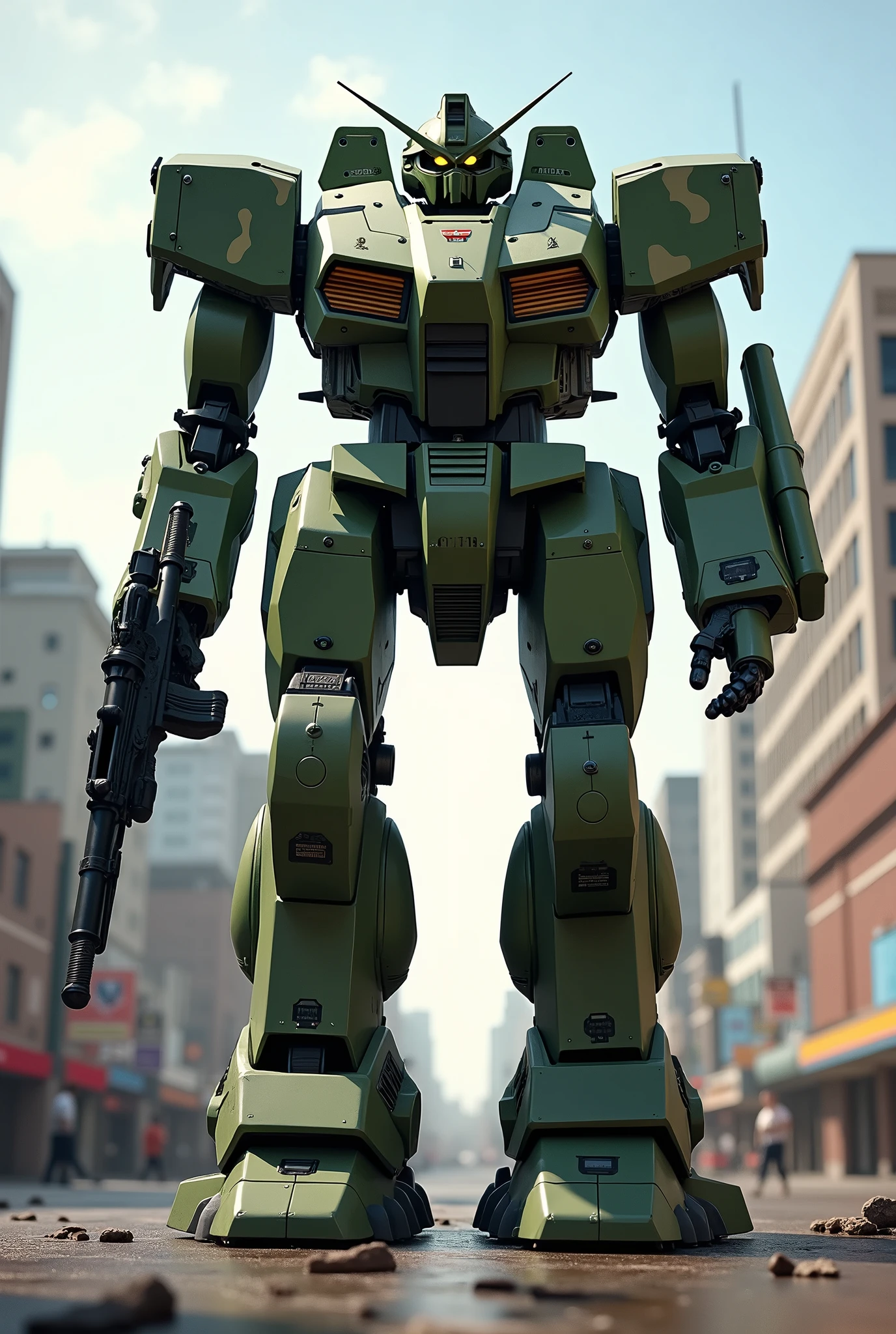 green multicamo military robot, U.S. Military-issue, real robot, mecha, piloted vehicle, inspired by Mobile Suit Gundam, tank-threads on the feet, (holding a machine gun:1.2), shoulder-mounted hellfire missile podes, battle action pose, perspective, cowboy shot, walking, 12 tool tall, Denver, daytime, people running for their lives, war atmosphere.