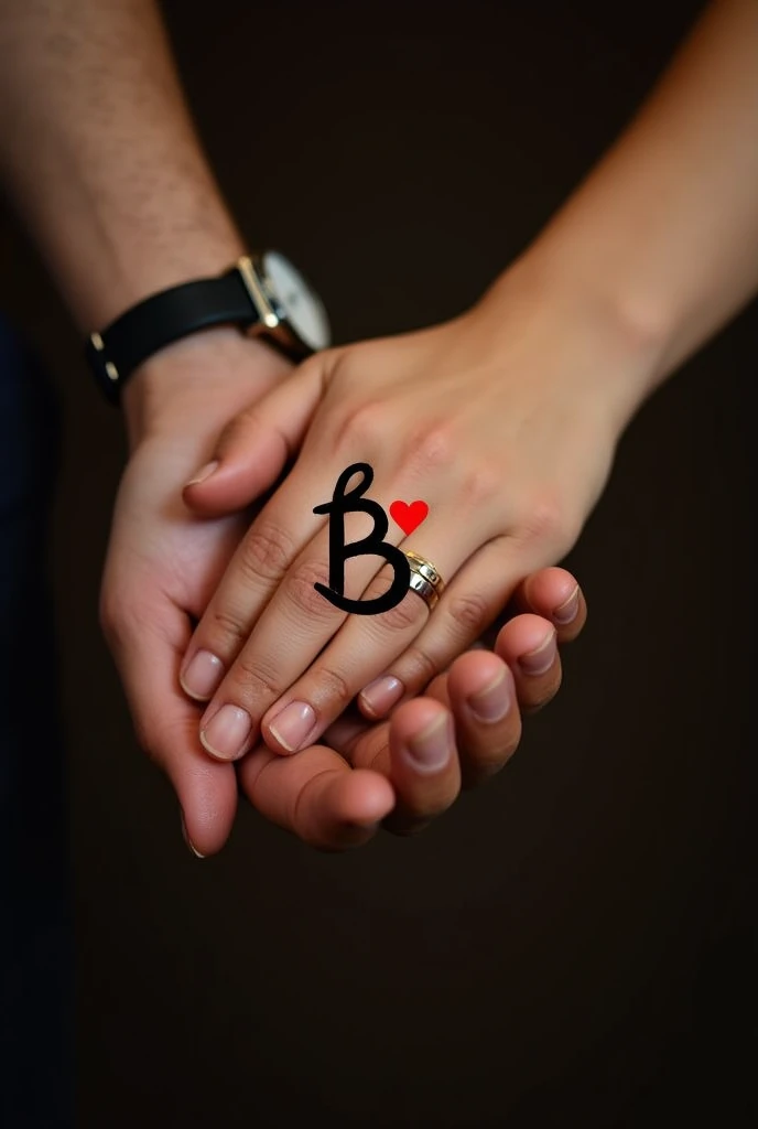 This image captures a close-up of two people holding hands, symbolizing affection and connection. Both individuals are wearing rings, and the person on the left is also wearing a wristwatch. In middle of the hands upside there is a large  letter "B" in a  black font  accompanied by a small red heart, emphasizing the theme of love or a special bond. The overall tone of the image is warm and intimate, reflecting a moment of togetherness.