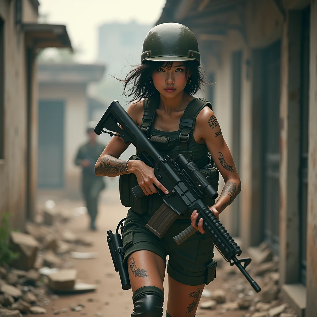 8K, realistic photo, realistic skin texture, Beautiful Japanese women in the Indonesian Army military、Outside the building、Explosion、Almost happened、Walls full of debris、They shouted to evacuate immediately.、Automatic rifle、Bulletproof vest、Boots、Covered with scars、Grim expression、Dynamic pose、Innovative composition、Dust flying、Shooting、Shooting、1girl,